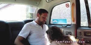 Female fake taxi driver deep throats in her cab