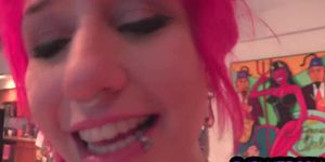 Pink hair POV cocksucker gives her best with mouth and boobs