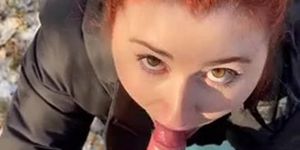 I-M chubby redhead pov blowjob outside