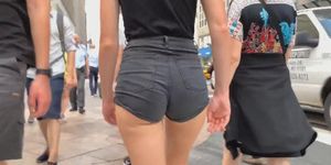 perfect slim teen ass black jean shorts