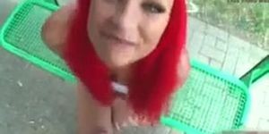 Redhead bus stop blowjob