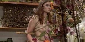 Tied brunette fucked in flower shop