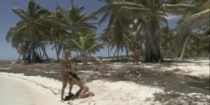 In a desert island two couples are fucking on the beach porn