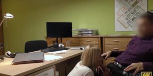 LOAN4K.  Agent drills mouth, pussy, and asshole of blonde in office