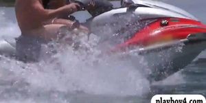 Two sexy women fucked by nasty guys on the speedboat