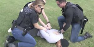 Outdoor interracial threesome with big black cocked stud and two hot female cops!