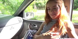 Lovely blonde teen blowing step dad's dick inside his car