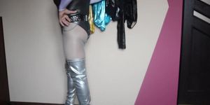 in shiny pantyhose