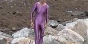 Slender amateur doll is wrapped in lilac latex costume 08e (Blue Sky)