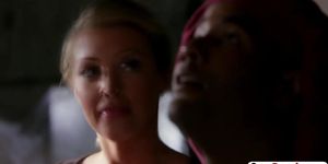 Blonde busty witch seduces black guy to bang