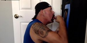 Gloryhole BJ DILF takes cock very deep in his hungry throat