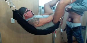 GLORYHOLE HOOKUPS - Mature gaydaddy with tattoos and moustache fucked in sling