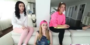 Naughty beautiful babysitters shares one huge stiff dick in the couch