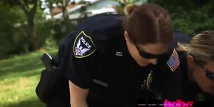 Insatiable trio of busty policewomen are satisfying a loaded black piston