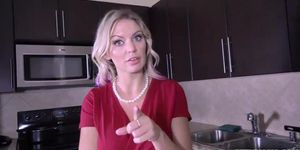 Busty MILF Kenzie Taylor is craving for some dick again so she quickly grabs her stepsons dick and gave him a tasty blowjob.