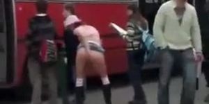 horny slut masturbating near bus stop on crowded street