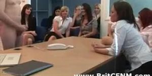 CFNM guy jerks off for British femdom office girls