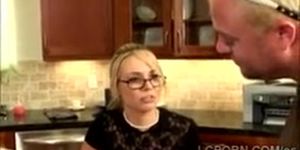 Sexy blonde with glasses banged in the kitchen by horny step brother