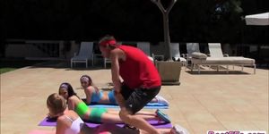 Perverted yoga trainer gets his students to fuck him