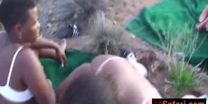 Two African chicks screw white tourist during safari in desert