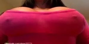 Busty Muscle Lady Wearing Just A Pink Top