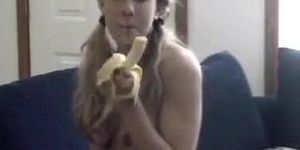 Solo busty blonde teen eating banana big boobs