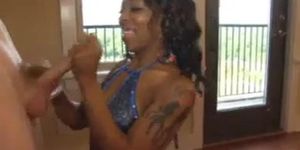 Fit ebony milf tugs dick while in lingerie