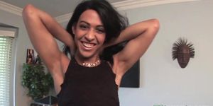 Gorgeous tranny tugging her cock at casting