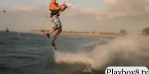 Busty hot babes try out kite boarding with the professionals