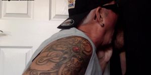 GLORYHOLE HOOKUPS - Gloryhole tattooed DILF sucks BFs cock in private amateur BJ
