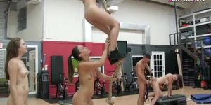 Four nasty ladies get pounded by pervert man in the gym
