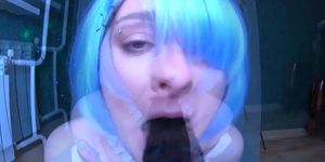 Cosplay Rem Re Zero Little maid teases her tight holes with big black dildo - Teen