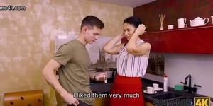 Horny lad with a big cock fucks a MILF in the kitchen
