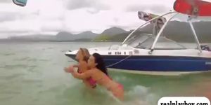 Curvy huge tits babes enjoying kite surfing while naked