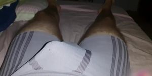 Hands free dick ring vibrator cumshot in boxer breifs