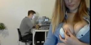 Hot Blonde Flashes Boobs In Office On Webcam