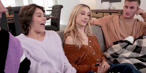 Two lucky dudes indulge in a forbidden sis swap with Jazmin Luv and Nicole Aria