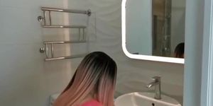 Sexy girl fucked while cleaning bathroom