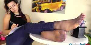 Tecla in jeans footplays with her hosed feet in your face