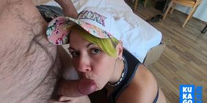 Blowjob in our living room and cum in mouth with swallowing