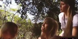 Four naughty teen girls pussy toying and licking outdoors