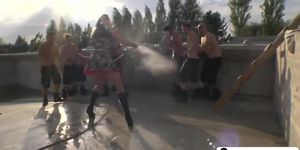 Two slutty European babes get fucked rough by a group of horny dudes