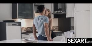Fucking her to a hot creampie orgasm on the kitchen counter