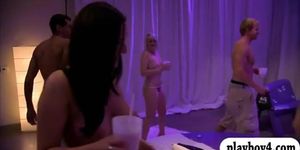 Sexy girl learns pole dancing and fucked by two horny guys