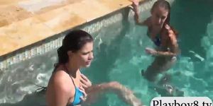 Two sexy babes wet blowjob and pussy fucked by the pool