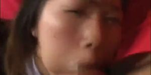 Real japanese babe gets her mouth fucked and gets bukkake