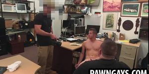 Horny stud sucking on two hard cocks at the pawn shop