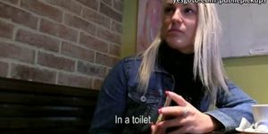Stunning white slut paid and pounded in a public toilet
