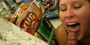 Horny woman sucking the cock in the store