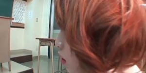Asian school sex with hot redhead sucking dick in class room